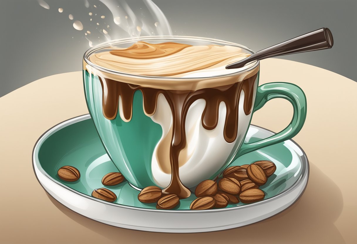 A hand pours coffee into a cup, followed by a pump of hazelnut syrup and a splash of Irish cream. Cream is added on top, creating a layered effect
