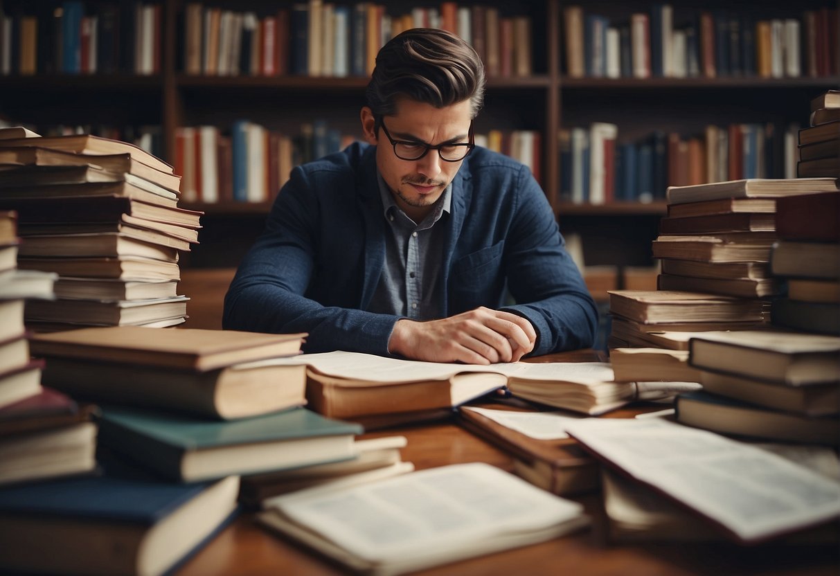 A person sitting at a desk, surrounded by books and papers, deep in thought with a pensive expression