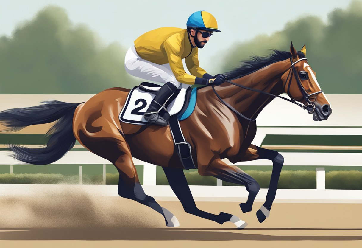 A jockey with a full beard riding a galloping racehorse
