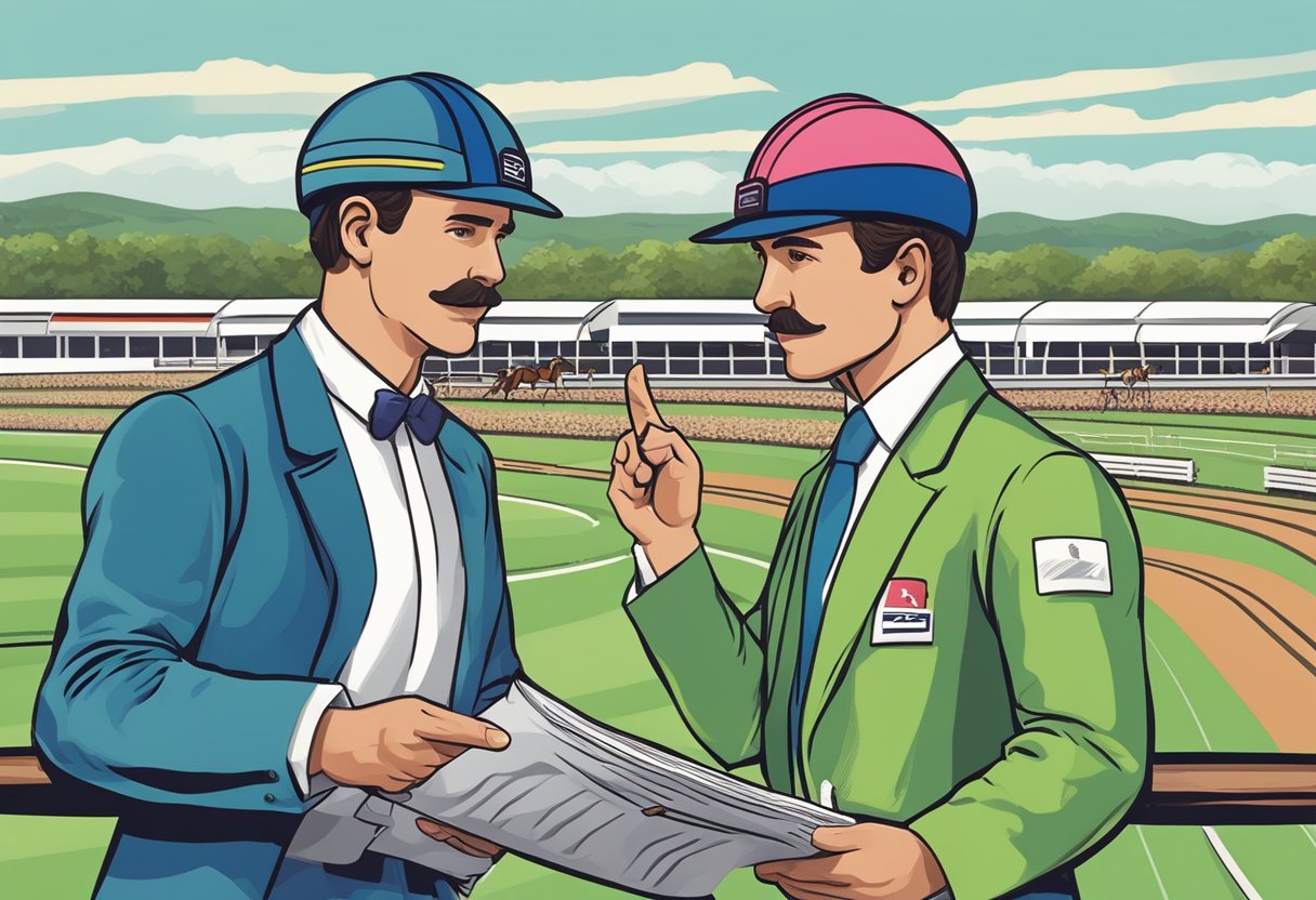 Jockeys inspecting rulebook, pointing at "No Facial Hair" policy. Horse racing track in background