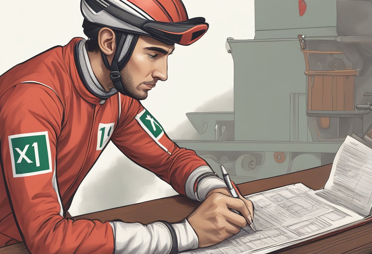 A jockey in full racing gear checks the rulebook, pointing to a section on equipment and attire regulations. A close-up of the page shows a detailed illustration of a clean-shaven face with a red X over a bearded one