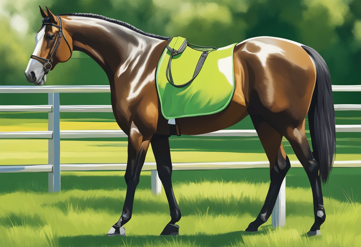 A racehorse stands in a lush green pasture, its sleek coat glistening in the sunlight. A price tag hangs from its halter, indicating the cost of ownership