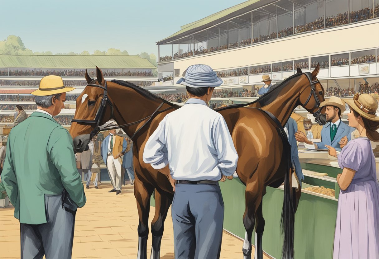 The scene depicts a racehorse being purchased, with a seller and buyer negotiating the initial costs and investment. The racehorse stands in the background, while the exchange takes place in the foreground