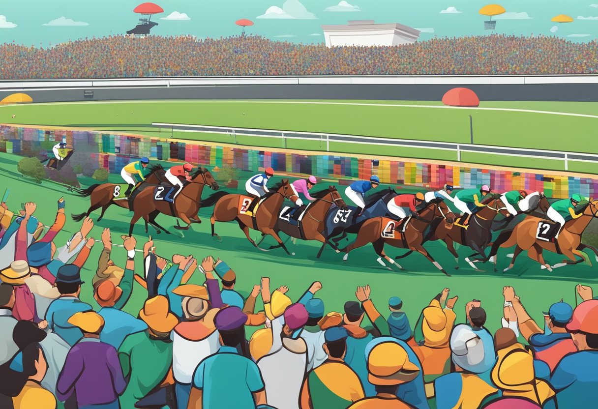 A colorful race track with a crowd cheering, a jockey riding a horse, and a betting window with people holding tickets