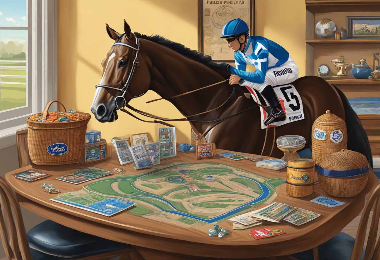 A table adorned with racing memorabilia, including horse figurines, jockey silks, and race track maps. A gift basket filled with racing-themed items sits nearby