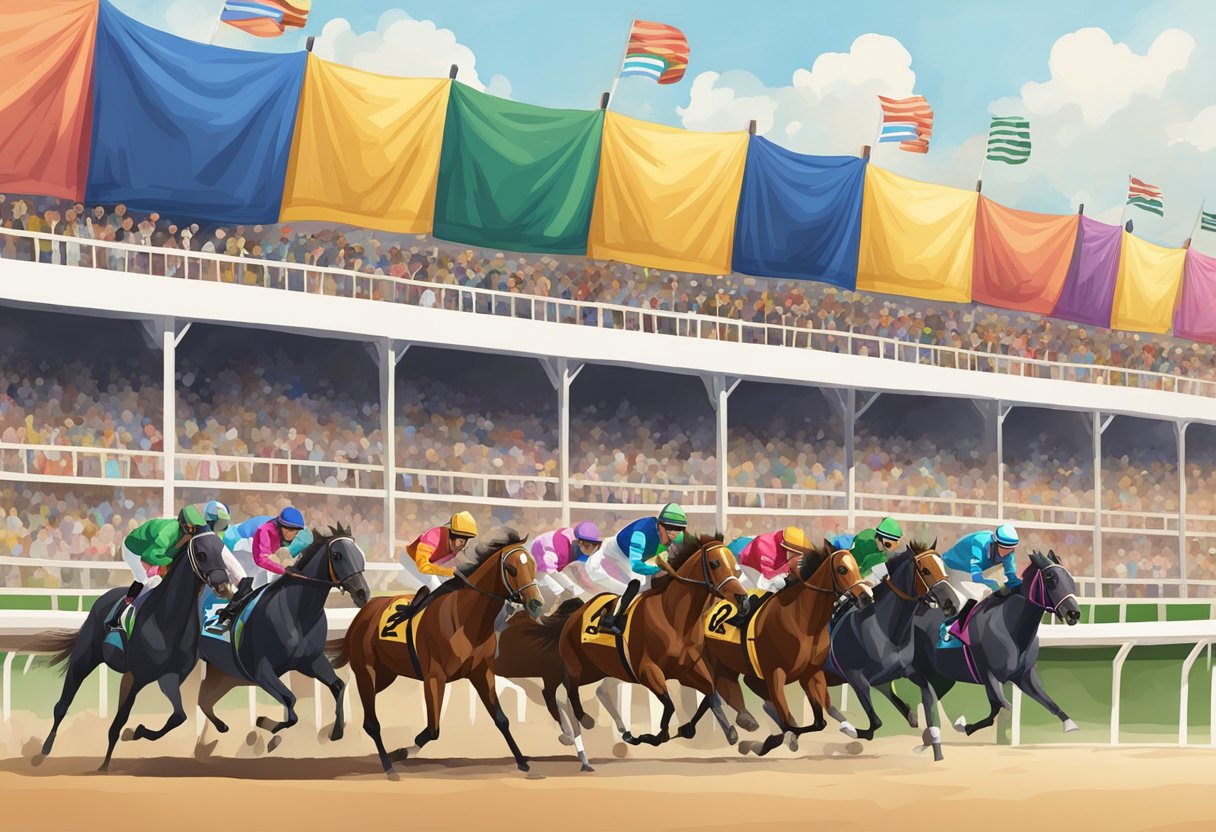 Horses line up at the starting gate, jockeys in colorful silks ready to ride. Spectators cheer as the race begins, with horses jostling for position, jockeys urging them on towards the finish line