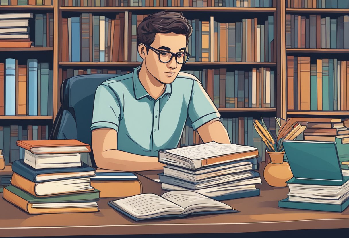 A person researching university rankings, surrounded by books and a computer, with a thoughtful expression