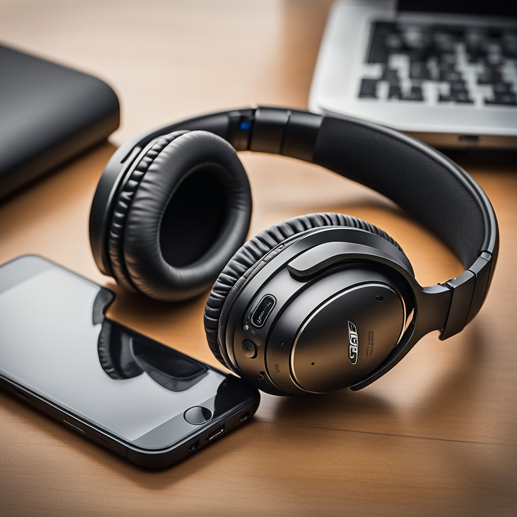 The Bose QuietComfort 35 headphones are placed on a flat surface with the power button turned on. The Bluetooth pairing mode is activated, and a nearby device is ready to connect