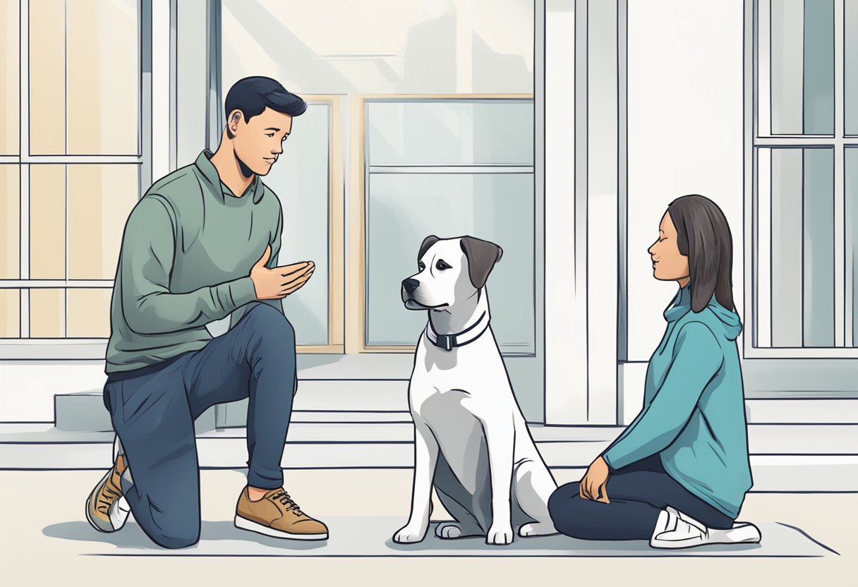 A dog sitting attentively as its owner gestures and speaks commands, such as "sit" and "stay." The owner uses positive reinforcement, treats, and consistency to effectively teach the dog