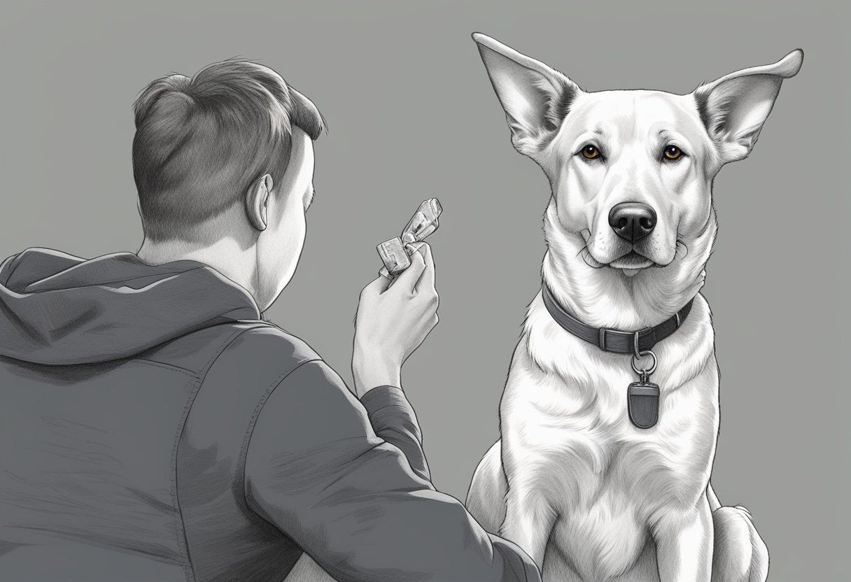 A dog sitting attentively, ears perked, eyes focused on its owner. Owner holding a treat, using clear hand signals to command "sit" and "stay"