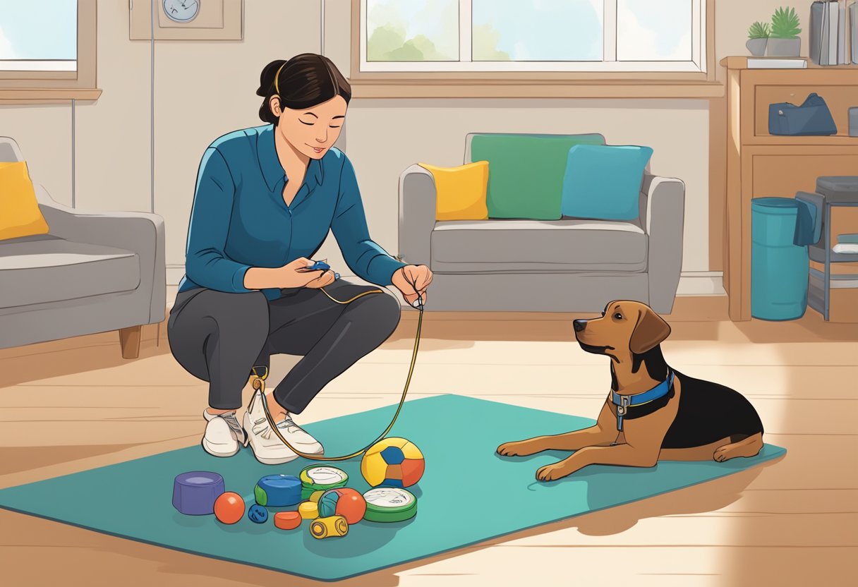 A dog sits attentively as a trainer uses a clicker and treats to teach commands like sit, stay, and come. A variety of training tools are scattered around the room, including leashes, harnesses, and toys