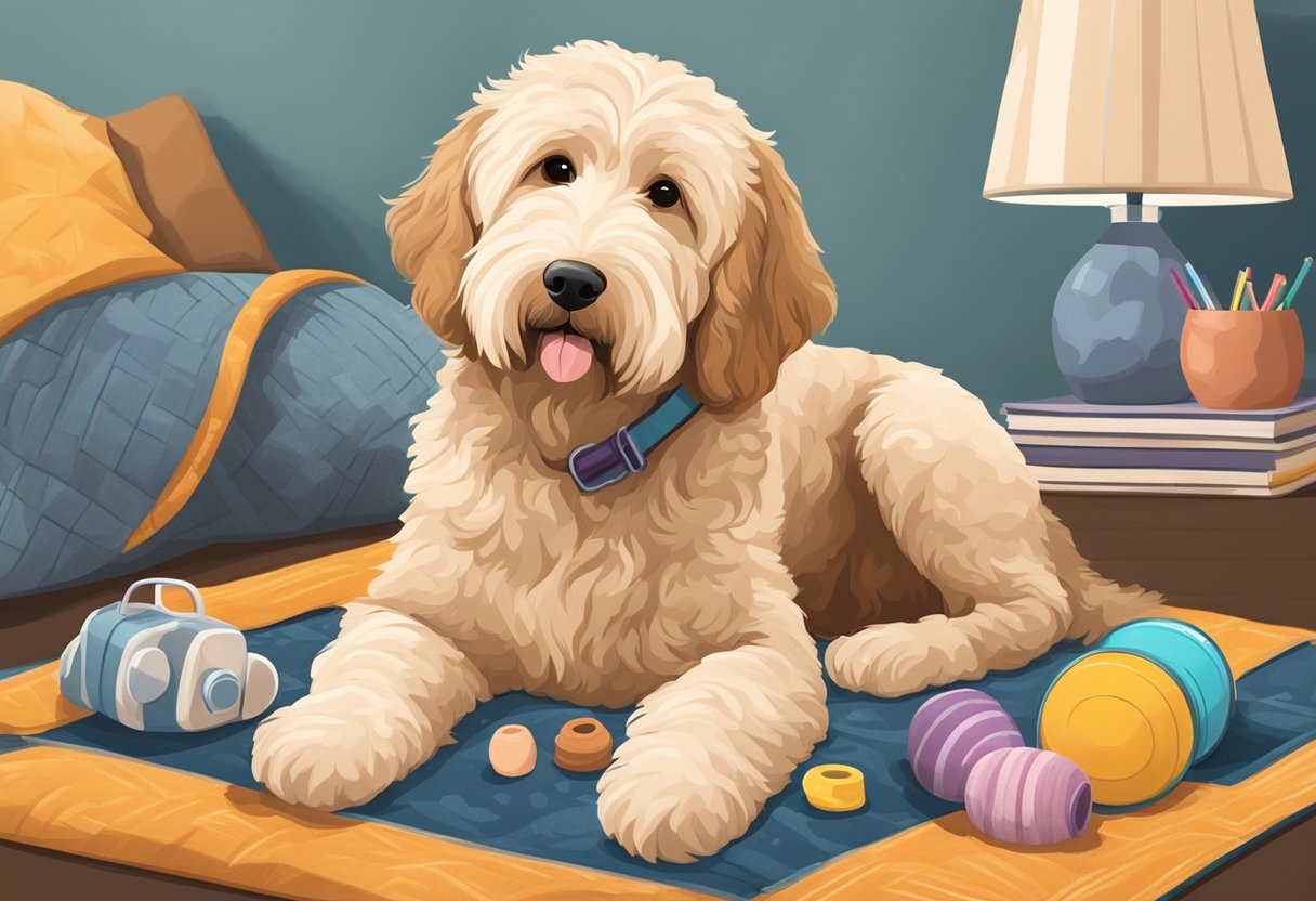 A Goldendoodle sits alone, surrounded by comforting toys and blankets. A calming diffuser emits soothing scents, while soft music plays in the background