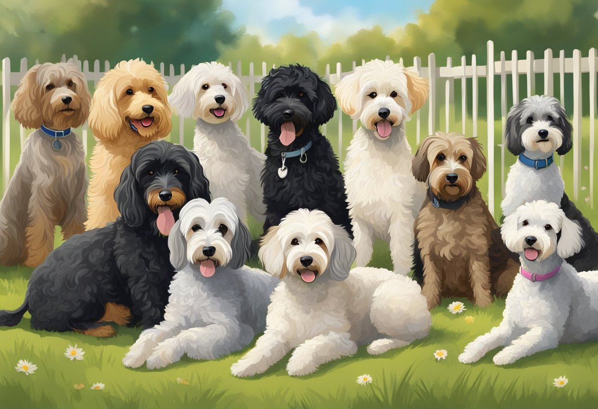 A variety of hypoallergenic dog breeds play in a sunlit, grassy backyard, with a mix of poodles, terriers, and schnauzers