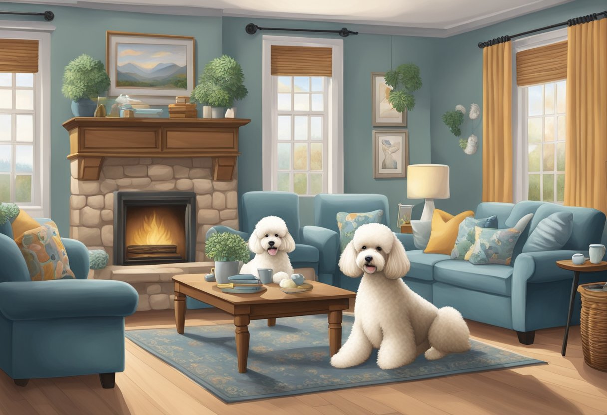 A variety of hypoallergenic dog breeds, such as poodles, bichon frises, and malteses, are depicted in a cozy home setting, surrounded by allergy-friendly furniture and decor