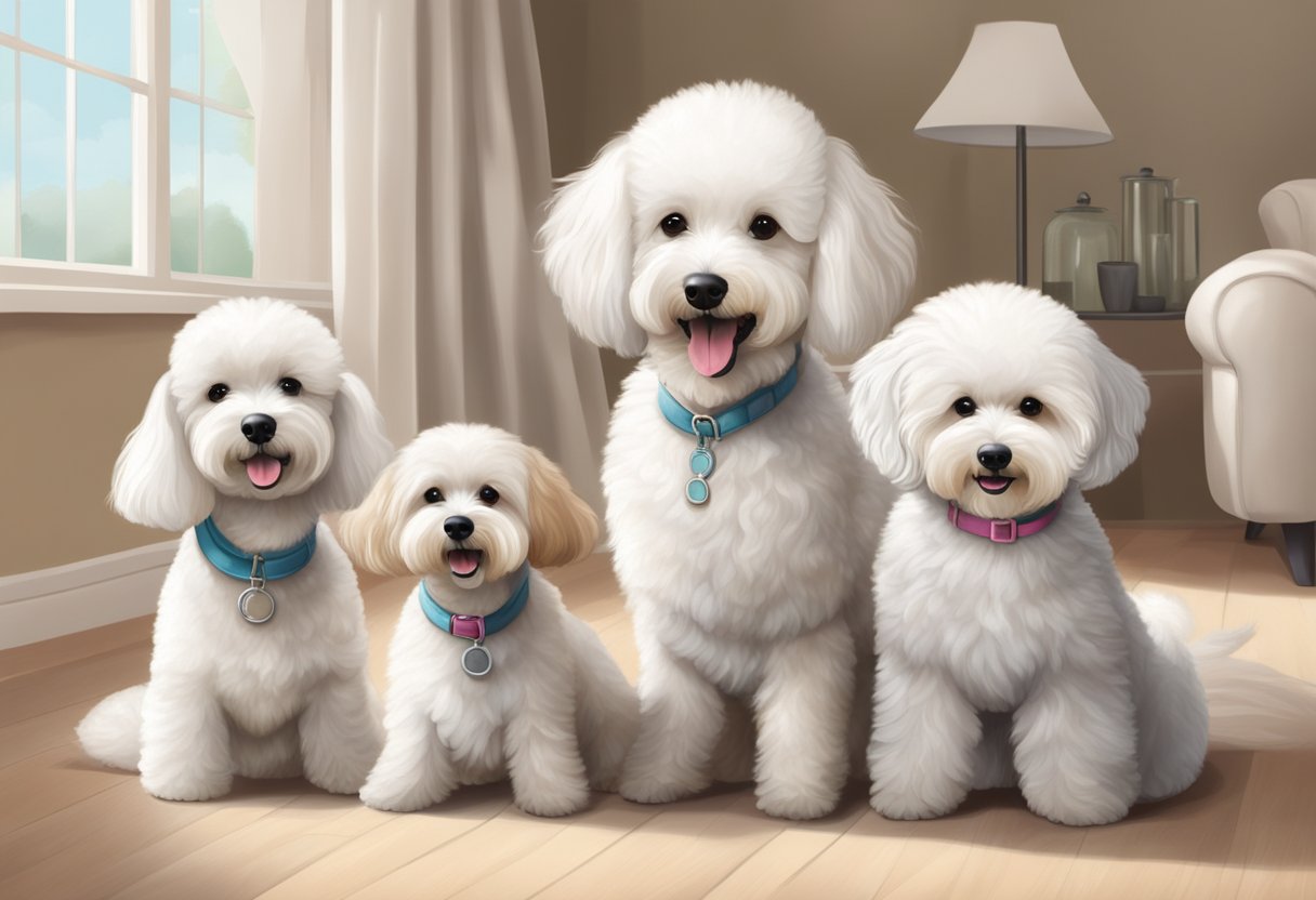 A group of hypoallergenic dog breeds, such as poodles, bichon frises, and maltese, playing together in a clean and allergy-sensitive home environment