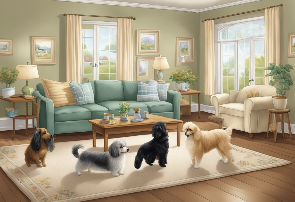 A variety of hypoallergenic dog breeds play in a spacious, allergy-sensitive home. The scene showcases the care and love given to these special pets