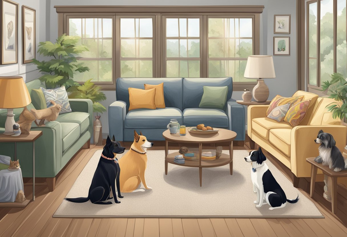 A variety of hypoallergenic dog breeds are gathered in a cozy living room, each displaying unique characteristics and temperaments