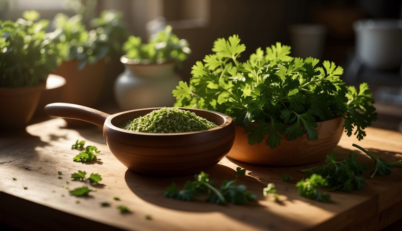 Fresh green parsley leaves spread out on a wooden cutting board, with a mortar and pestle nearby. Sunlight streams in through a nearby window, casting a warm glow on the scene
