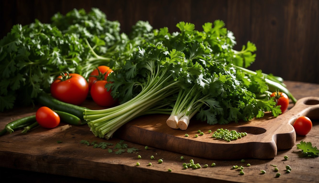 A bountiful bunch of fresh green parsley sits on a rustic wooden cutting board, surrounded by vibrant vegetables and a mortar and pestle