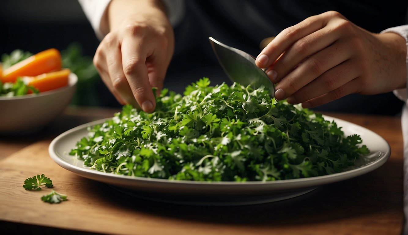 A chef sprinkles freshly chopped parsley over a colorful dish, adding a vibrant pop of green to the presentation