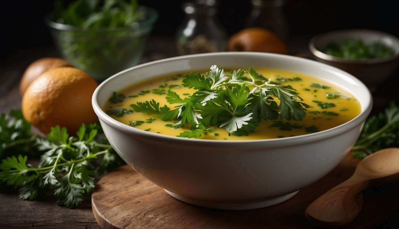 Parsley leaves and stems arranged around a bowl of soup, adding color and flavor to the dish