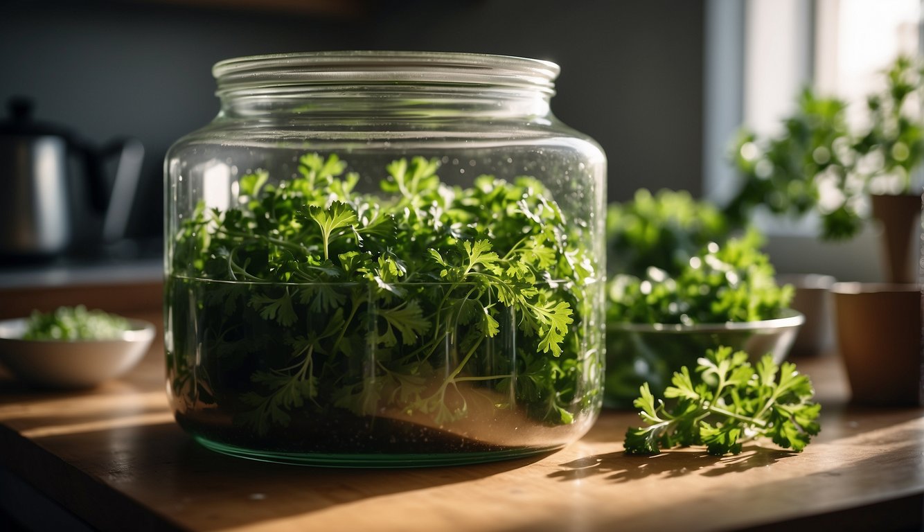 Fresh parsley being washed, chopped, and stored in a glass container in a well-lit kitchen