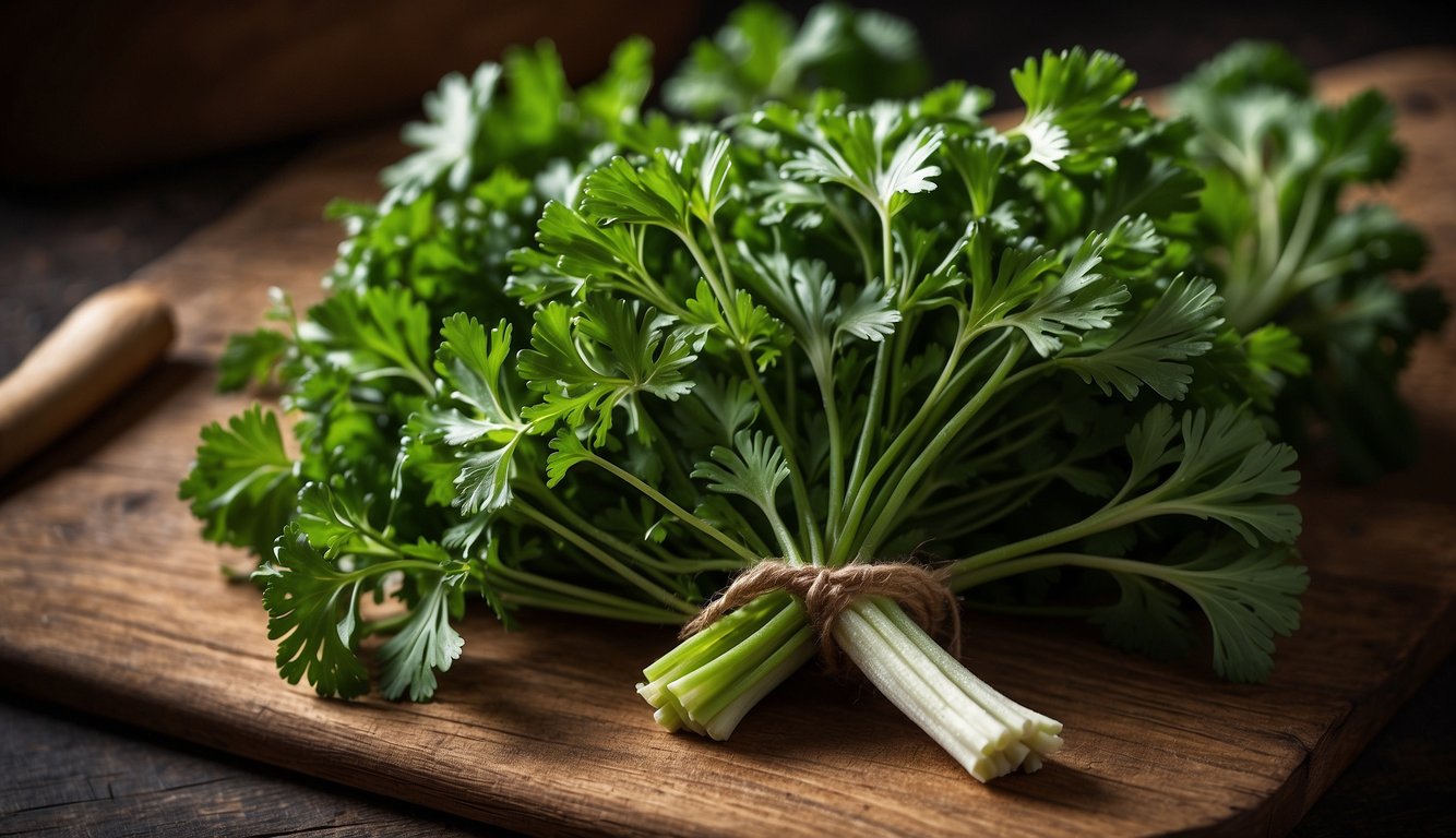 A vibrant bunch of parsley with text labels showcasing its potential benefits and side effects