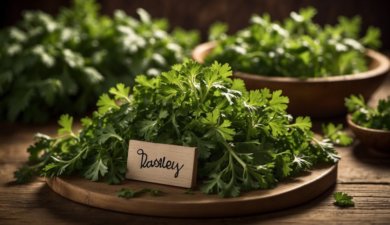A pile of fresh parsley leaves surrounded by question marks and a sign reading "Frequently Asked Questions: Parsley Benefits."