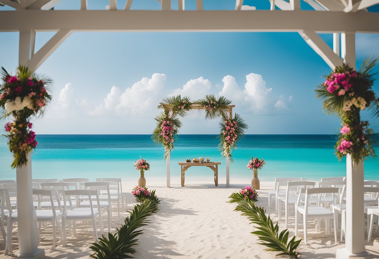 A beachfront gazebo adorned with flowers, overlooking the crystal-clear waters of the Caribbean. A white sandy aisle leads to the altar, with palm trees swaying in the gentle ocean breeze