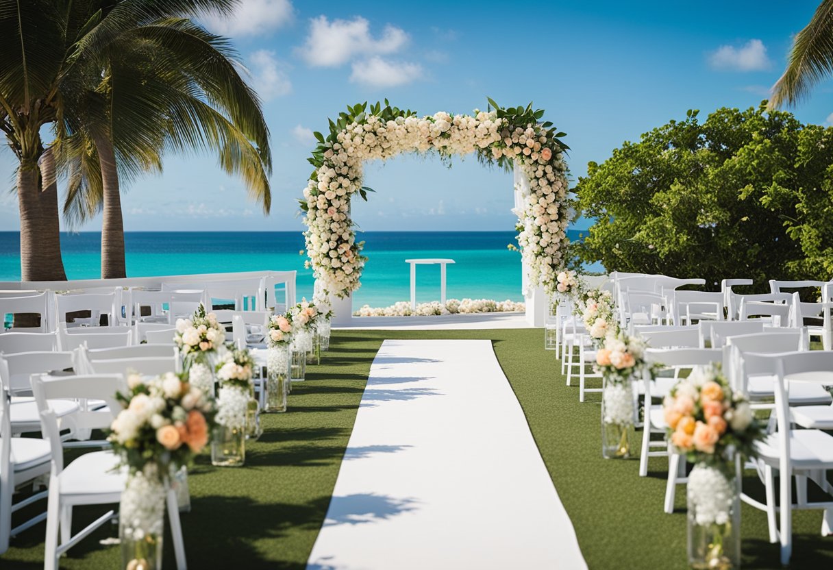 A beachfront ceremony setup with white chairs, a floral arch, and an aisle runner, overlooking the ocean at a Sandals resort
