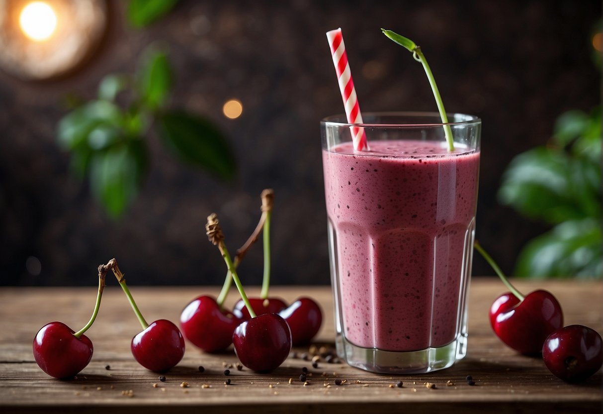 A glass of vibrant cherry smoothie surrounded by fresh cherries and a sprinkle of chia seeds on a wooden table