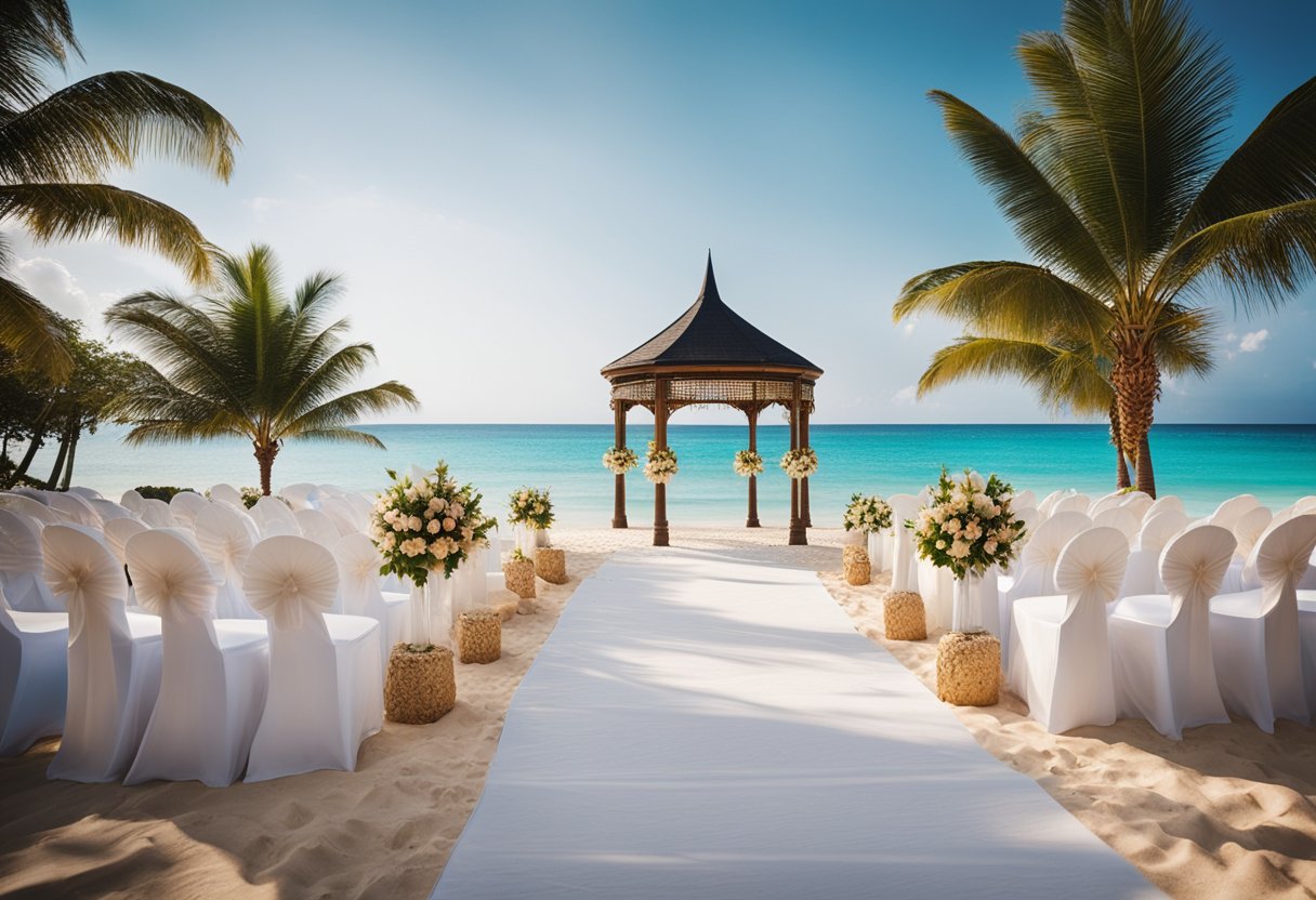 A sandy beach with a wedding gazebo, surrounded by palm trees and crystal-clear waters, with a luxurious resort in the background