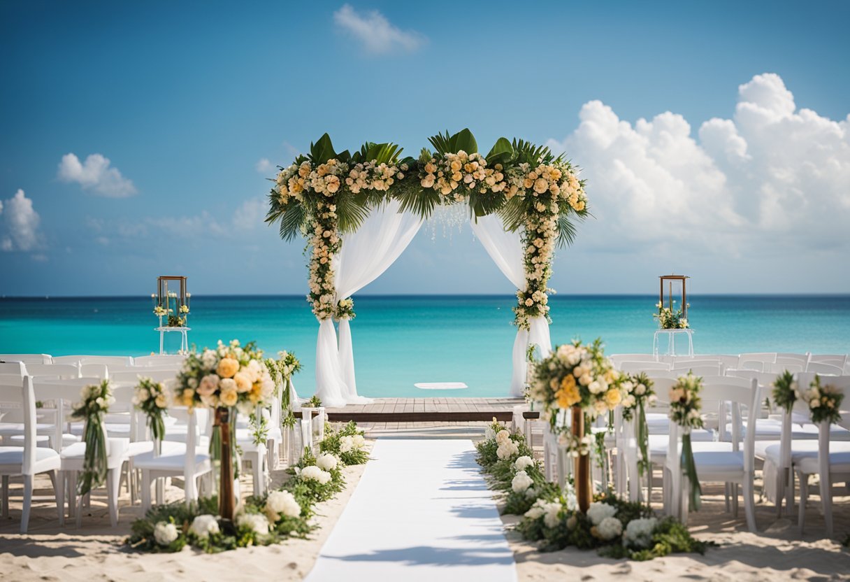 A beachfront wedding setup with chairs, a gazebo, and tropical flowers at a Sandals resort