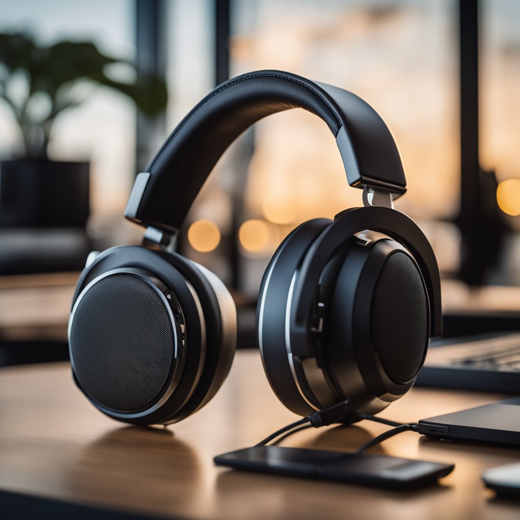 A pair of planar magnetic headphones rests on a sleek, modern desk, surrounded by high-quality audio equipment and a soft, ambient lighting