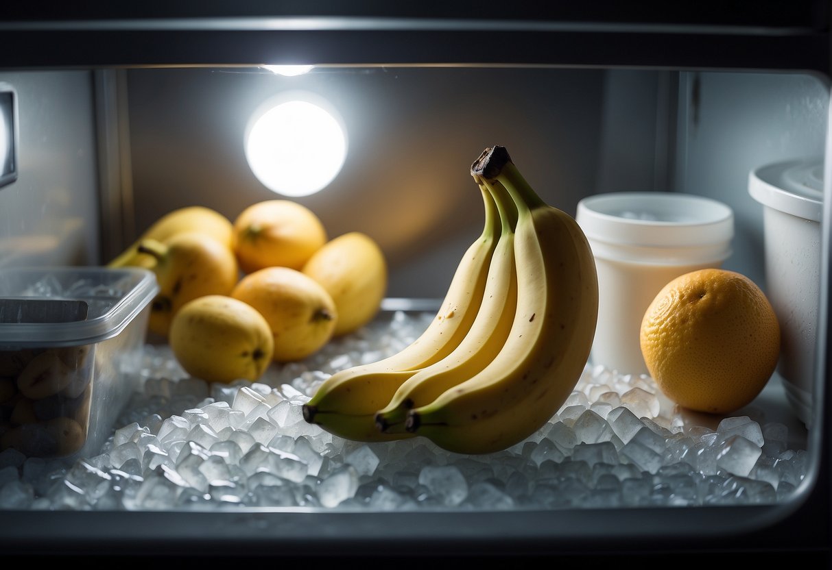 A brown banana is placed in a freezer next to other frozen items. A thought bubble shows various creative uses for the overripe fruit