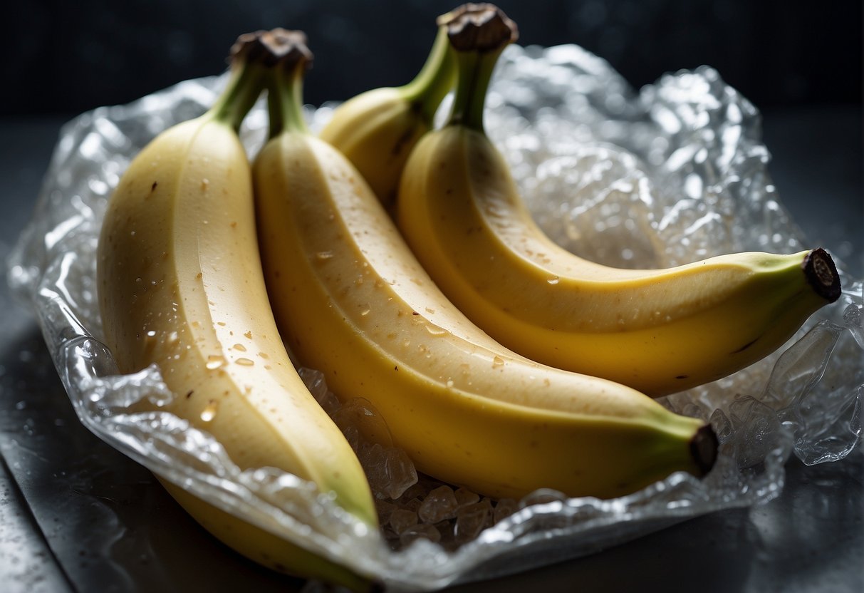 A brown banana is placed in a freezer, wrapped in plastic wrap. Ice crystals form on the peel as it freezes