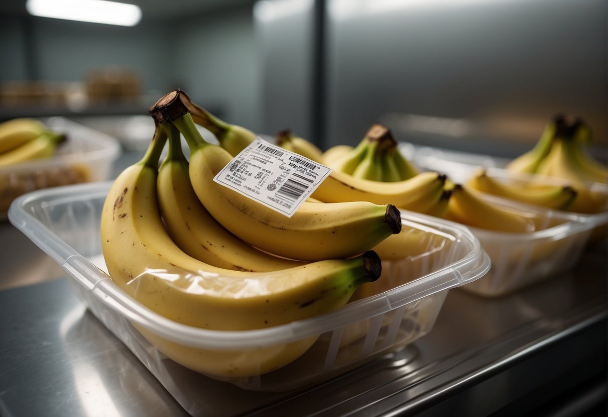 A brown banana is being placed in a freezer bag, sealed tightly, and placed in the freezer. A label with "Never Waste a Brown Banana Again!" is prominently displayed