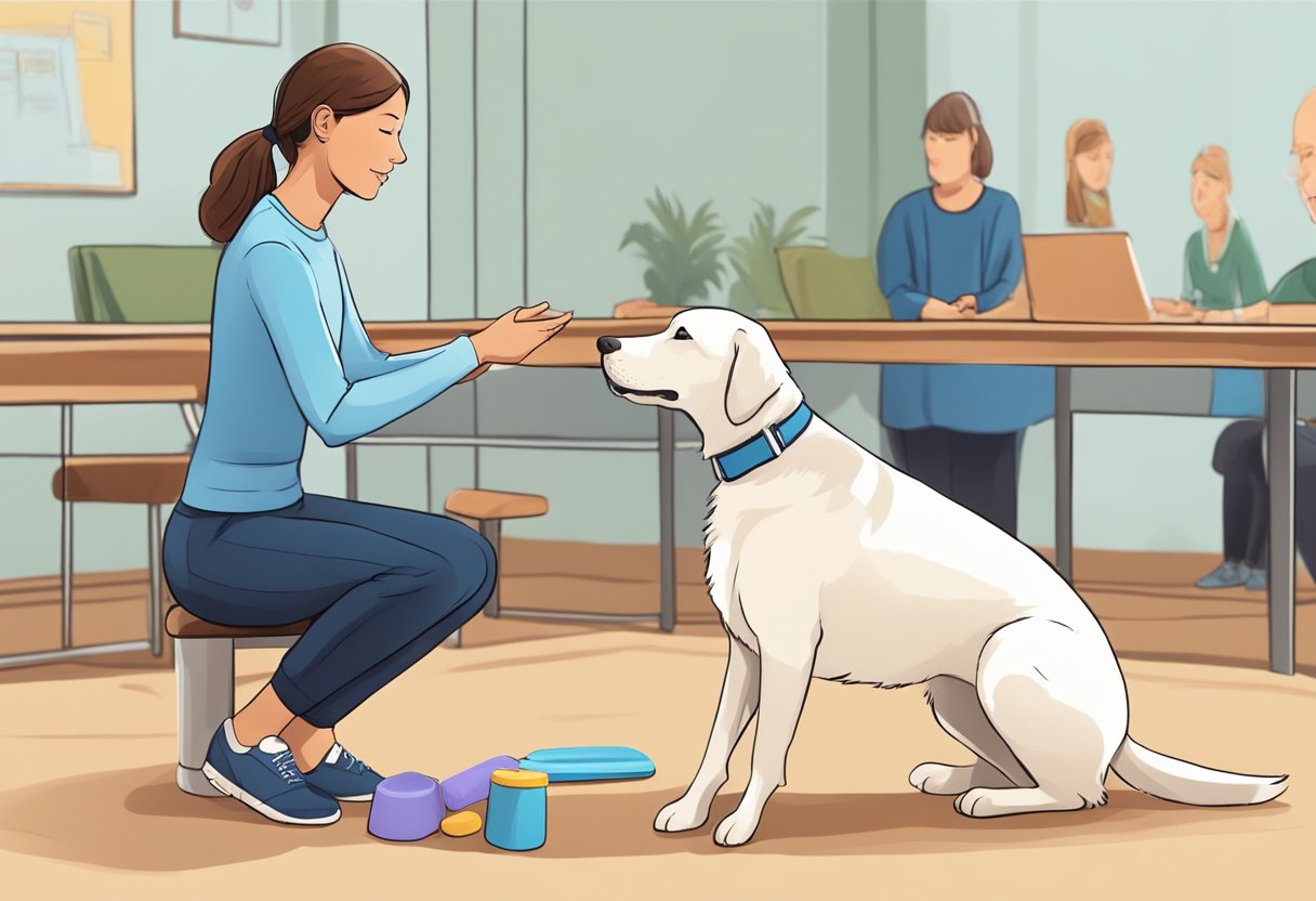 A dog eagerly sits in front of a trainer, tail wagging, as they use a clicker and treats to reinforce positive behavior during a training session