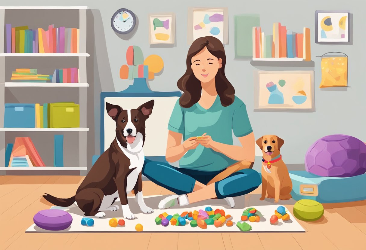 A dog sits attentively, ears perked, eyes focused on a trainer holding a clicker and treats. The room is bright and inviting, with colorful toys scattered around