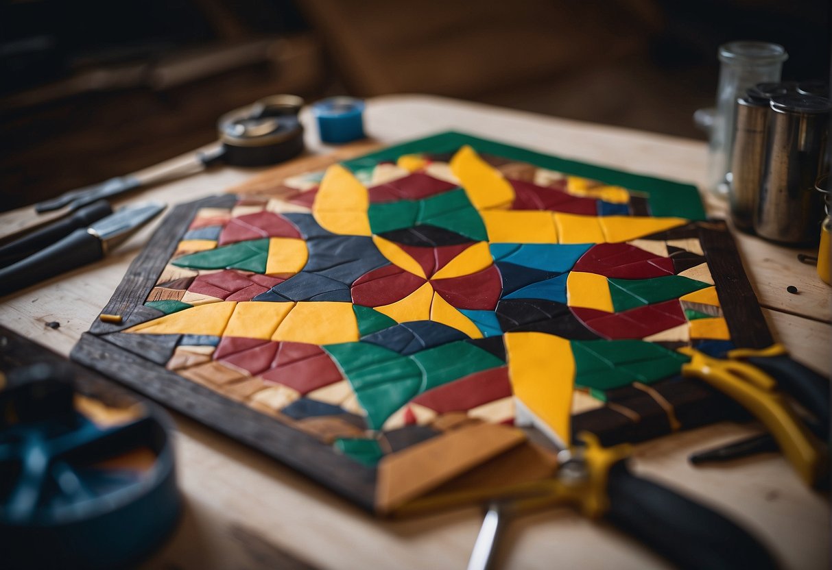 A barn quilt being meticulously painted, with vibrant colors and intricate patterns, surrounded by tools and materials for craftsmanship and creation
