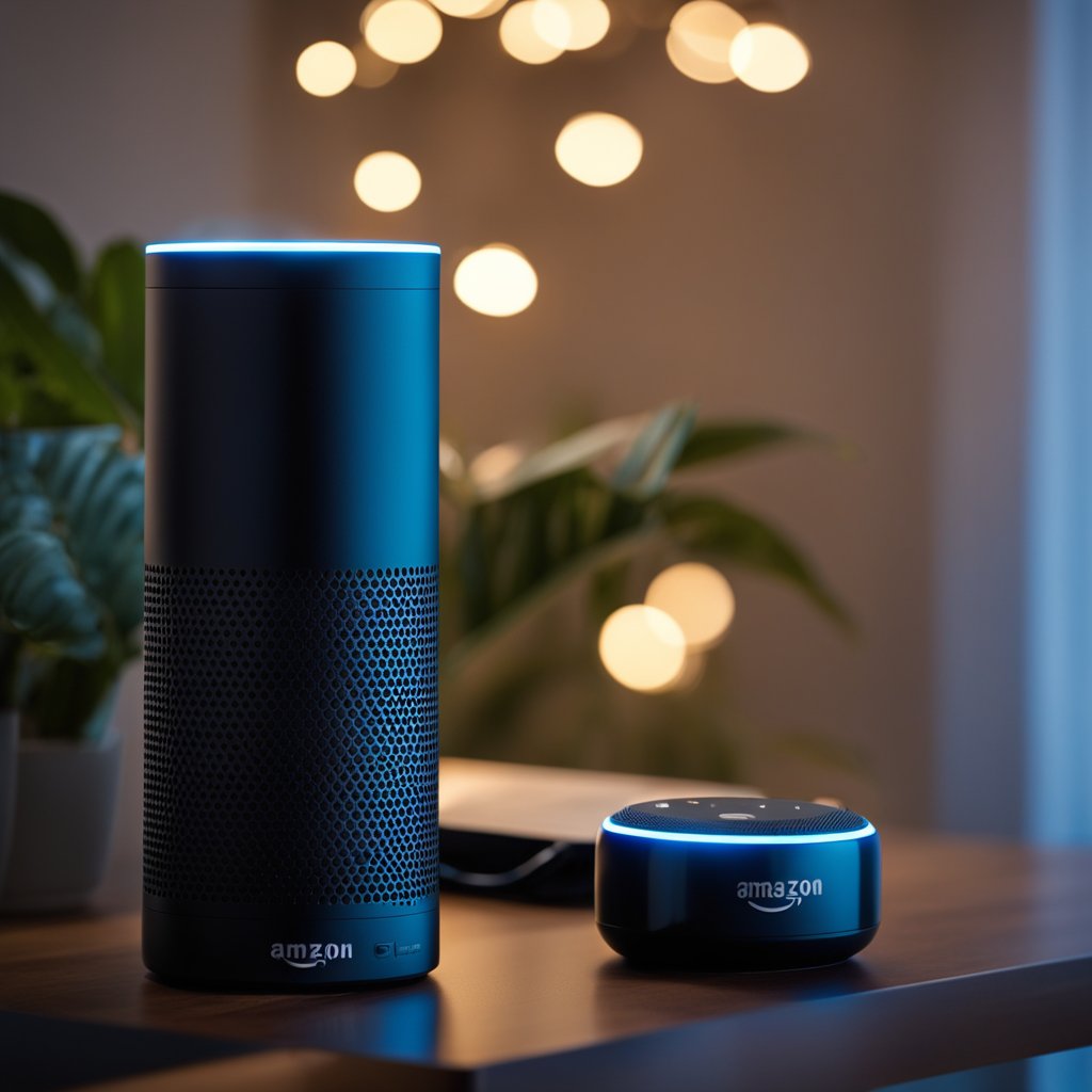 An Amazon Echo sits on a table, with its blue light ring glowing. A smartphone is nearby, displaying a music playlist on the screen