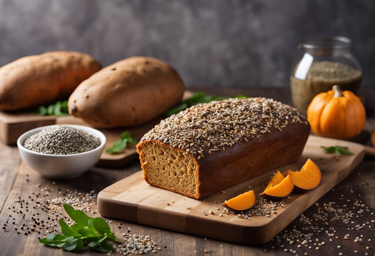 A rustic wooden table with a freshly baked sweet potato bread loaf sprinkled with chia seeds, surrounded by scattered chia seeds and sweet potatoes