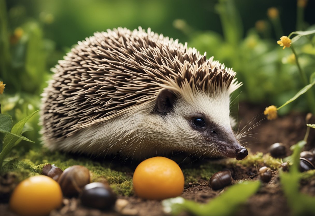 A hedgehog munches on a variety of insects, snails, worms, and occasionally fruits and vegetables in its natural habitat