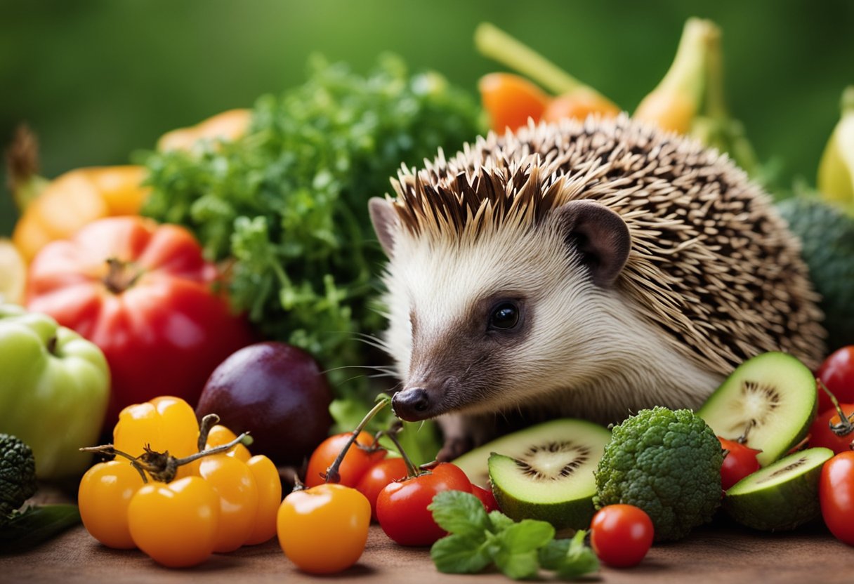 A hedgehog munches on a variety of foods, including insects, fruits, and vegetables. It carefully sniffs and nibbles on the different items, enjoying a balanced diet