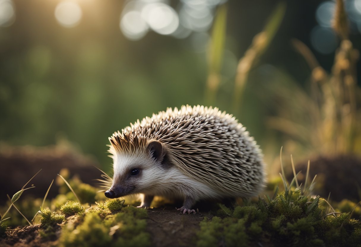 A hedgehog with spiky quills stands on all fours, its sharp spines protruding from its body
