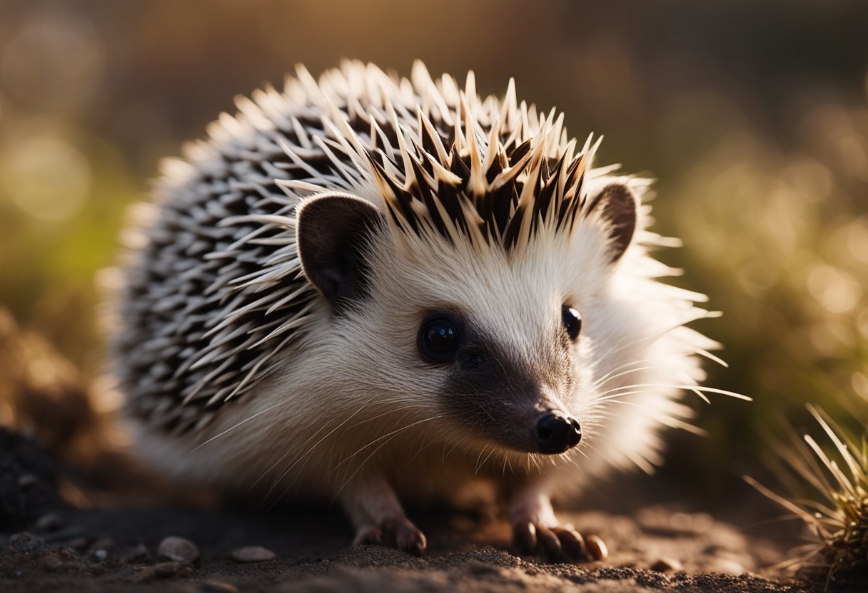 A hedgehog with spiky quills stands on all fours, its sharp spines protruding from its back