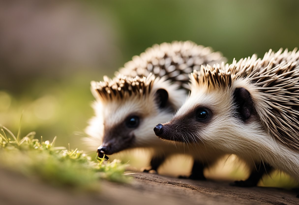 Two hedgehogs sniff each other's noses, their spiky quills standing on end