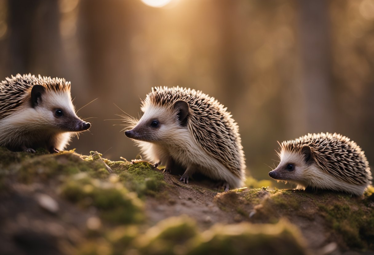 A cluster of hedgehogs with sharp spines in a natural habitat
