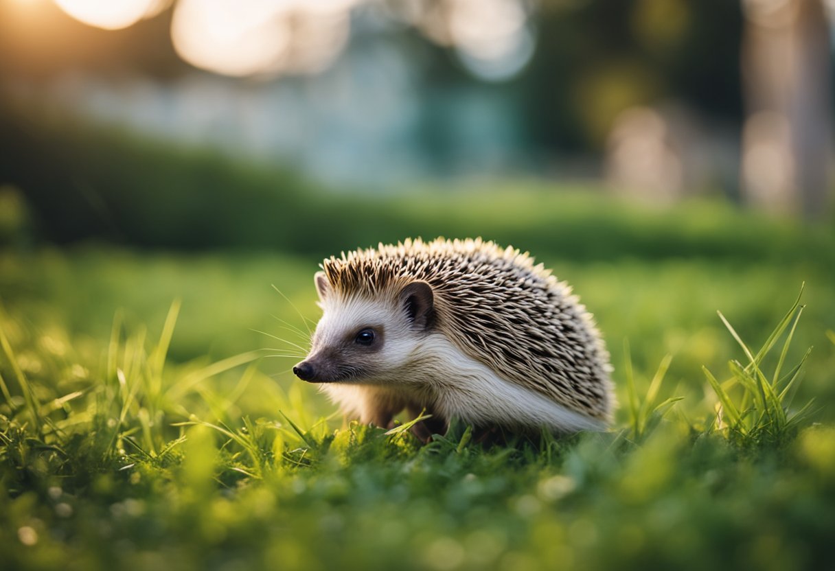 A hedgehog with sharp spines stands on green grass
