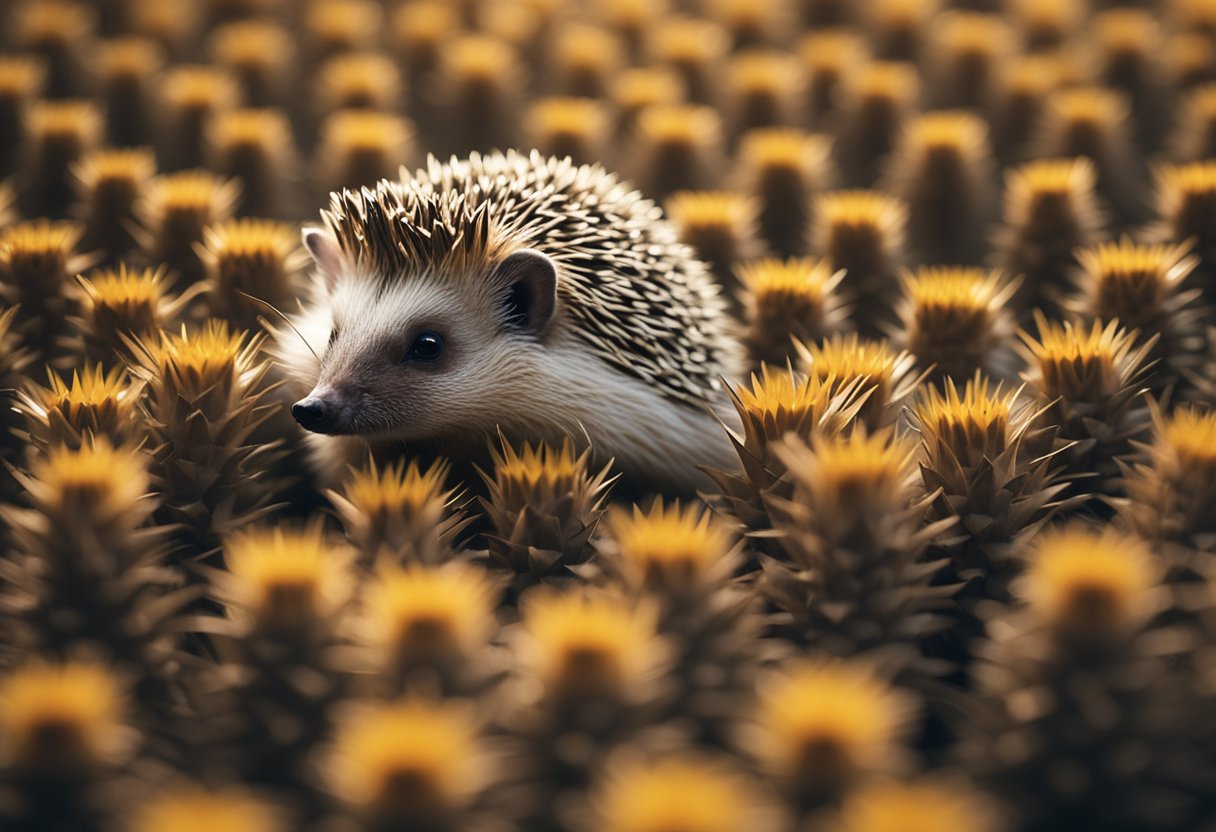 A hedgehog with spiky quills surrounded by question marks